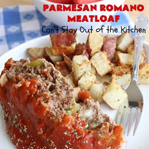 Parmesan Romano Meatloaf | Can't Stay Out of the Kitchen | this tasty #Italian-style #meatloaf uses grated #Parmesan & #Romano #cheese to bind together. It's a #healthy, delicious & #GlutenFree alternative to regular meatloaf. #PizzaSauce & #ItalianSeasoning on top causes this entree to pop in flavor. If you enjoy meatloaf, you'll love this version for weeknight dinners. #beef #GroundBeef #ParmesanRomanoMeatloaf