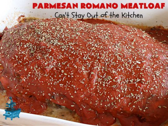 Parmesan Romano Meatloaf | Can't Stay Out of the Kitchen | this tasty #Italian-style #meatloaf uses grated #Parmesan & #Romano #cheese to bind together. It's a #healthy, delicious & #GlutenFree alternative to regular meatloaf. #PizzaSauce & #ItalianSeasoning on top causes this entree to pop in flavor. If you enjoy meatloaf, you'll love this version for weeknight dinners. #beef #GroundBeef #ParmesanRomanoMeatloaf