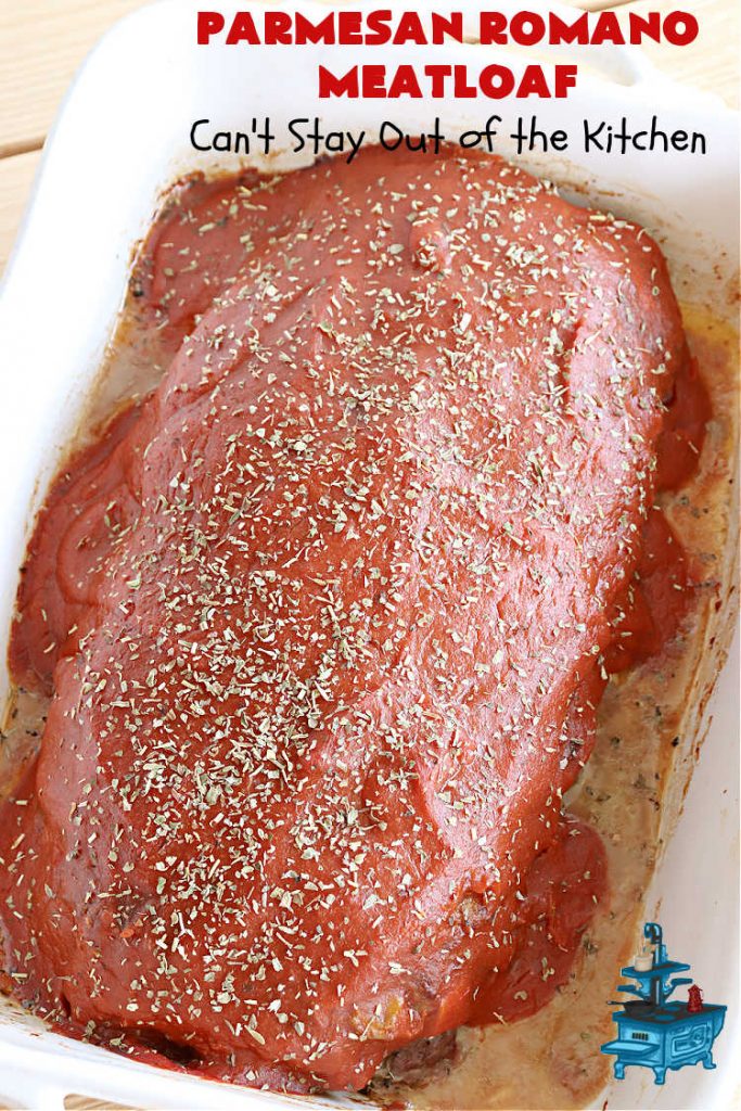 Parmesan Romano Meatloaf | Can't Stay Out of the Kitchen | this tasty #Italian-style #meatloaf uses grated #Parmesan & #Romano #cheese to bind together. It's a #healthy, delicious & #GlutenFree alternative to regular meatloaf. #PizzaSauce & #ItalianSeasoning on top causes this entree to pop in flavor. If you enjoy meatloaf, you'll love this version for weeknight dinners. #beef #GroundBeef #ParmesanRomanoMeatloaf