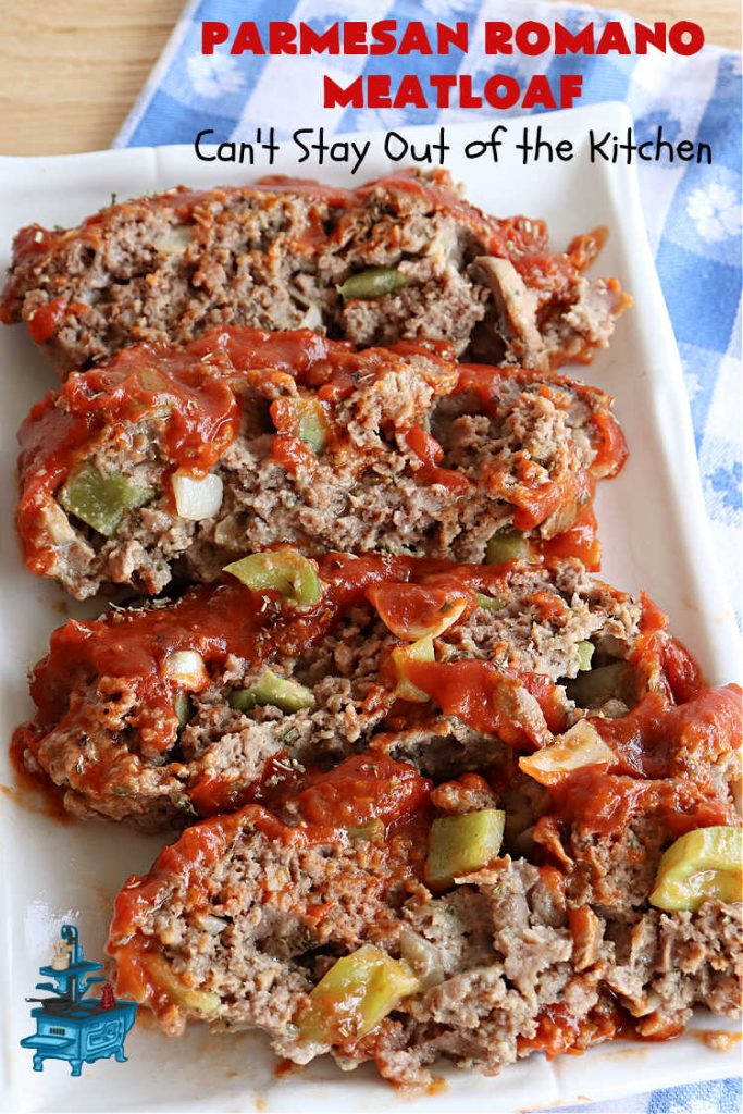 Parmesan Romano Meatloaf | Can't Stay Out of the Kitchen | this tasty #Italian-style #meatloaf uses grated #Parmesan & #Romano #cheese to bind together. It's a #healthy, delicious & #GlutenFree alternative to regular meatloaf. #PizzaSauce & #ItalianSeasoning on top causes this entree to pop in flavor. If you enjoy meatloaf, you'll love this version for weeknight dinners. #beef #GroundBeef #ParmesanRomanoMeatloaf