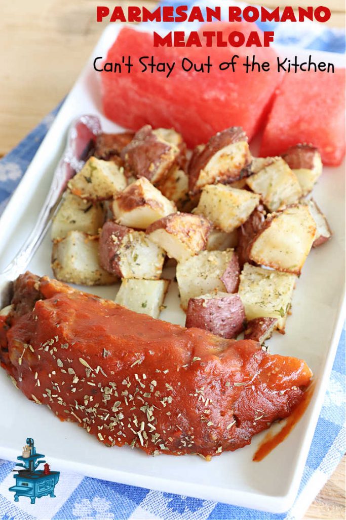 Parmesan Romano Meatloaf | Can't Stay Out of the Kitchen | this tasty #Italian-style #meatloaf uses grated #Parmesan & #Romano #cheese to bind together. It's a #healthy, delicious & #GlutenFree alternative to regular meatloaf. #PizzaSauce & #ItalianSeasoning on top causes this entree to pop in flavor. If you enjoy meatloaf, you'll love this version for weeknight dinners. #beef #GroundBeef #ParmesanRomanoMeatloaf
