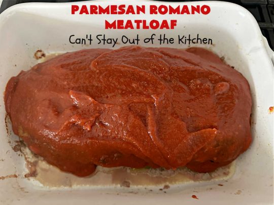 Parmesan Romano Meatloaf | Can't Stay Out of the Kitchen | this tasty #Italian-style #meatloaf uses grated #Parmesan & #Romano #cheese to bind together. It's a #healthy, delicious & #GlutenFree alternative to regular meatloaf. #PizzaSauce & #ItalianSeasoning on top causes this entree to pop in flavor. If you enjoy meatloaf, you'll love this version for weeknight dinners. #beef #GroundBeef #ParmesanRomanoMeatloaf