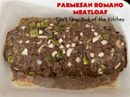 Parmesan Romano Meatloaf | Can't Stay Out of the Kitchen | this tasty #Italian-style #meatloaf uses grated #Parmesan & #Romano #cheese to bind together. It's a #healthy, delicious & #GlutenFree alternative to regular meatloaf. #PizzaSauce & #ItalianSeasoning on top causes this entree to pop in flavor. If you enjoy meatloaf, you'll love this version for weeknight dinners. #beef #GroundBeef #ParmesanRomanoMeatloaf