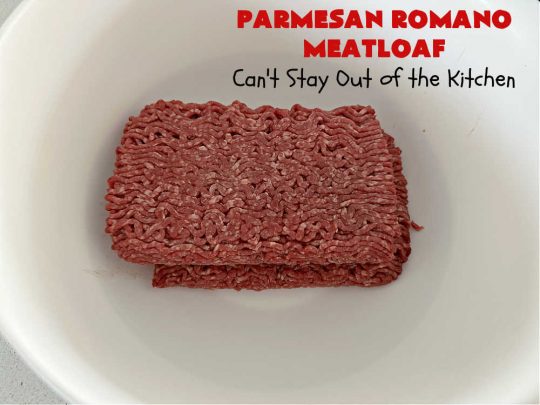 Parmesan Romano Meatloaf | Can't Stay Out of the Kitchen | this tasty #Italian-style #meatloaf uses grated #Parmesan & #Romano #cheese to bind together. It's a #healthy, delicious & #GlutenFree alternative to regular meatloaf. #PizzaSauce & #ItalianSeasoning on top causes this entree to pop in flavor. If you enjoy meatloaf, you'll love this version for weeknight dinners. #beef #GroundBeef #ParmesanRomanoMeatloaf
