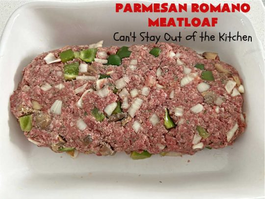 Parmesan Romano Meatloaf | Can't Stay Out of the Kitchen | this tasty #Italian-style #meatloaf uses grated #Parmesan & #Romano #cheese to bind together. It's a #healthy, delicious & #GlutenFree alternative to regular meatloaf. #PizzaSauce & #ItalianSeasoning on top causes this entree to pop in flavor. If you enjoy meatloaf, you'll love this version for weeknight dinners. #beef #GroundBeef #ParmesanRomanoMeatloaf