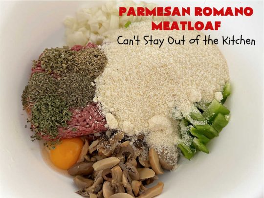 Parmesan Romano Meatloaf | Can't Stay Out of the Kitchen | this tasty #Italian-style #meatloaf uses grated #Parmesan & #Romano #cheese to bind together. It's a #healthy, delicious & #GlutenFree alternative to regular meatloaf. #PizzaSauce & #ItalianSeasoning on top causes this entree to pop in flavor. If you enjoy meatloaf, you'll love this version for weeknight dinners. #beef #GroundBeef #ParmesanRomanoMeatloaf
