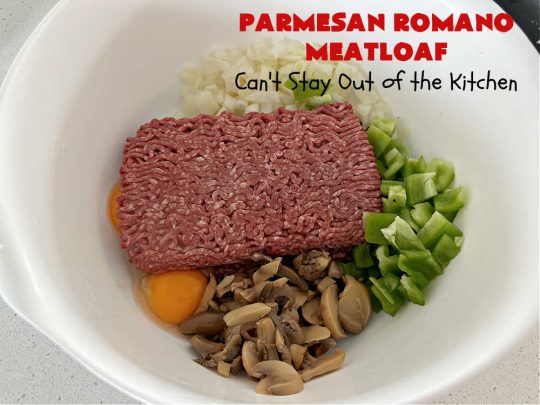 Parmesan Romano Meatloaf | Can't Stay Out of the Kitchen | this tasty #Italian-style #meatloaf uses grated #Parmesan & #Romano #cheese to bind together. It's a #healthy, delicious & #GlutenFree alternative to regular meatloaf. #PizzaSauce & #ItalianSeasoning on top causes this entree to pop in flavor. If you enjoy meatloaf, you'll love this version for weeknight dinners. #beef #GroundBeef #ParmesanRomanoMeatloaf