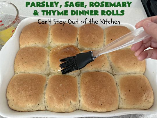 Parsley, Sage, Rosemary & Thyme Dinner Rolls | Can't Stay Out of the Kitchen | these #DinnerRolls are amazing! This #recipe does not have to be kneaded since it's done in the #breadmaker!. The #rolls are seasoned with #parsley, #sage, #rosemary & #thyme for maximum flavor & deliciousness. Perfect to serve with hot soup or chili. Excellent for family, company or #holiday dinners. #bread #ParsleySageRosemaryAndThymeDinnerRolls #NoKneadDinnerRolls