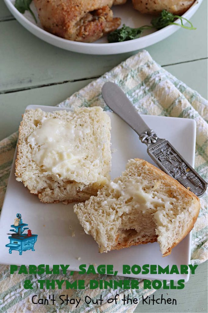 Parsley, Sage, Rosemary & Thyme Dinner Rolls | Can't Stay Out of the Kitchen | these #DinnerRolls are amazing! This #recipe does not have to be kneaded since it's done in the #breadmaker!. The #rolls are seasoned with #parsley, #sage, #rosemary & #thyme for maximum flavor & deliciousness. Perfect to serve with hot soup or chili. Excellent for family, company or #holiday dinners. #bread #ParsleySageRosemaryAndThymeDinnerRolls #NoKneadDinnerRolls