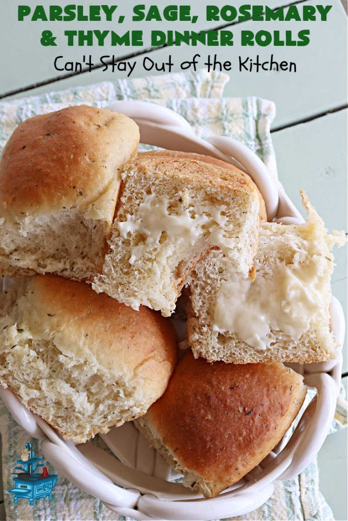 Parsley, Sage, Rosemary & Thyme Dinner Rolls | Can't Stay Out of the Kitchen | these #DinnerRolls are amazing! This #recipe does not have to be kneaded since it's done in the #breadmaker!. The #rolls are seasoned with #parsley, #sage, #rosemary & #thyme for maximum flavor & deliciousness. Perfect to serve with hot soup or chili. Excellent for family, company or #holiday dinners. #bread #ParsleySageRosemaryAndThymeDinnerRolls #NoKneadDinnerRolls