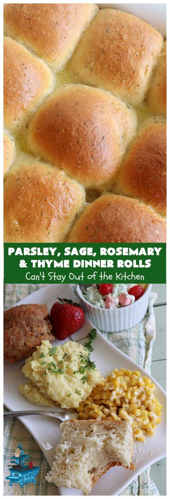 Parsley, Sage, Rosemary & Thyme Dinner Rolls | Can't Stay Out of the Kitchen | these #DinnerRolls are amazing! This #recipe does not have to be kneaded since it's done in the #breadmaker!. The #rolls are seasoned with #parsley, #sage, #rosemary & #thyme for maximum flavor & deliciousness. Perfect to serve with hot soup or chili. Excellent for family, company or #holiday dinners. #bread #ParsleySageRosemaryAndThymeDinnerRolls #NoKneadDinnerRolls