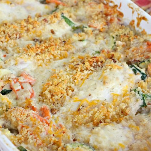 Party Casserole | Can't Stay Out of the Kitchen | this is a one-dish meal with #chicken, #carrots, #zucchini & pearl onions in a delicious creamy dill sauce with #Panko crumbs & #cheese on top. It's perfect for company & #holiday dinners like #MothersDay or #FathersDay.