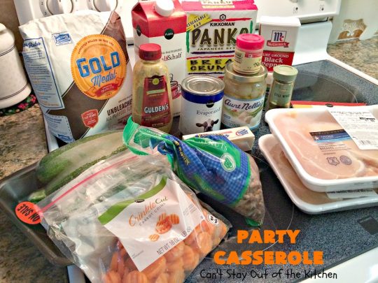 Party Casserole | Can't Stay Out of the Kitchen | this is a one-dish meal with #chicken, #carrots, #zucchini & pearl onions in a delicious creamy dill sauce with #Panko crumbs & #cheese on top. It's perfect for company & #holiday dinners like #MothersDay or #FathersDay.