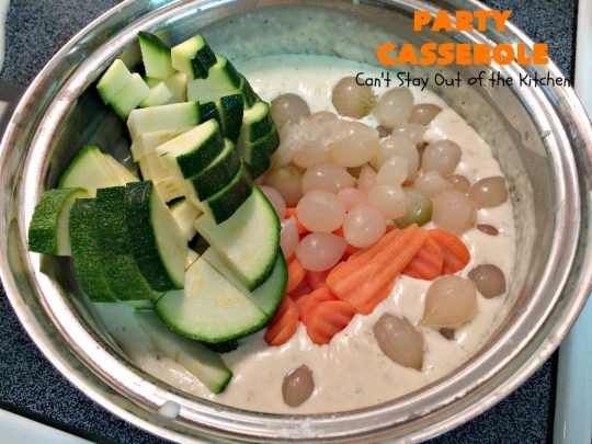 Party Casserole | Can't Stay Out of the Kitchen | this is a one-dish meal with #chicken, #carrots, #zucchini & pearl onions in a delicious creamy dill sauce with #Panko crumbs & #cheese on top. It's perfect for company & #holiday dinners like #MothersDay or #FathersDay.