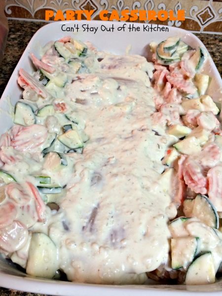 Party Casserole | Can't Stay Out of the Kitchen | this is a one-dish meal with #chicken, #carrots, #zucchini & pearl onions in a delicious creamy dill sauce with #Panko crumbs & #cheese on top. It's perfect for company & #holiday dinners like #MothersDay or #FathersDay.