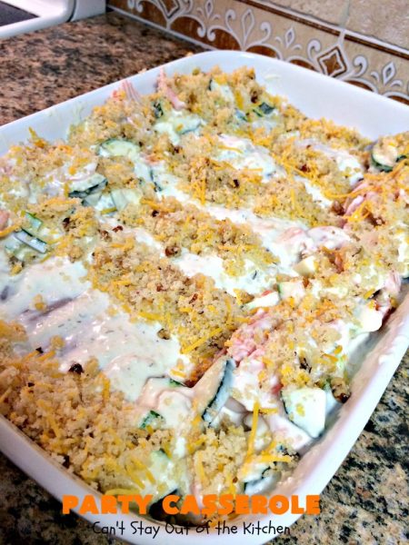 Party Casserole | Can't Stay Out of the Kitchen | this is a one-dish meal with #chicken, #carrots, #zucchini & pearl onions in a delicious creamy dill sauce with #Panko crumbs & #cheese on top. It's perfect for company & #holiday dinners like #MothersDay or #FathersDay.