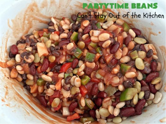 Partytime Beans | Can't Stay Out of the Kitchen | this easy #SlowCooker #recipe for #BakedBeans is so effortless since everything is tossed into the #crockpot! Start it earlier in the day & it's ready in time for #dinner with #hamburgers or #HotDogs on the #grill. It uses 5 types of #beans & is #vegan as well as #GlutenFree. #potluck #BackyardBarbecues #tailgating #PartytimeBeans