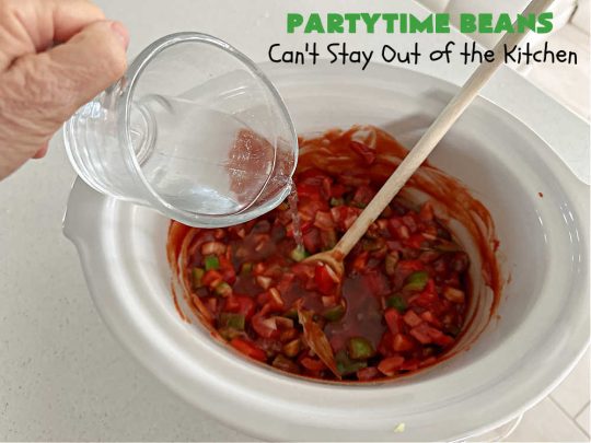 Partytime Beans | Can't Stay Out of the Kitchen | this easy #SlowCooker #recipe for #BakedBeans is so effortless since everything is tossed into the #crockpot! Start it earlier in the day & it's ready in time for #dinner with #hamburgers or #HotDogs on the #grill. It uses 5 types of #beans & is #vegan as well as #GlutenFree. #potluck #BackyardBarbecues #tailgating #PartytimeBeans