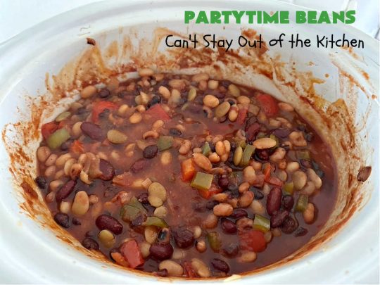 Partytime Beans | Can't Stay Out of the Kitchen | this easy #SlowCooker #recipe for #BakedBeans is so effortless since everything is tossed into the #crockpot! Start it earlier in the day & it's ready in time for #dinner with #hamburgers or #HotDogs on the #grill. It uses 5 types of #beans & is #vegan as well as #GlutenFree. #potluck #BackyardBarbecues #tailgating #PartytimeBeans