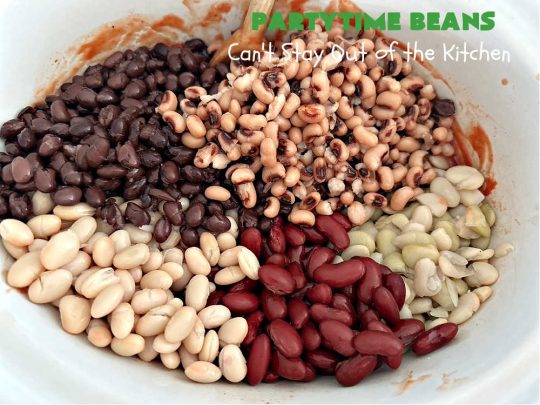 Partytime Beans | Can't Stay Out of the Kitchen | this easy #SlowCooker #recipe for #BakedBeans is so effortless since everything is tossed into the #crockpot! Start it earlier in the day & it's ready in time for #dinner with #hamburgers or #HotDogs on the #grill. It uses 5 types of #beans & is #vegan as well as #GlutenFree. #potluck #BackyardBarbecues #tailgating #PartytimeBeans