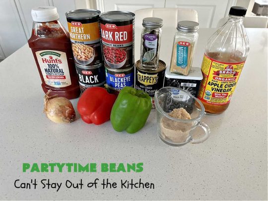 Partytime Beans | Can't Stay Out of the Kitchen | this easy #SlowCooker #recipe for #BakedBeans is so effortless since everything is tossed into the #crockpot! Start it earlier in the day & it's ready in time for #dinner with #hamburgers or #HotDogs on the #grill. It uses 5 types of #beans & is #vegan as well as #GlutenFree. #potluck #BackyardBarbecues #tailgating #PartytimeBeans