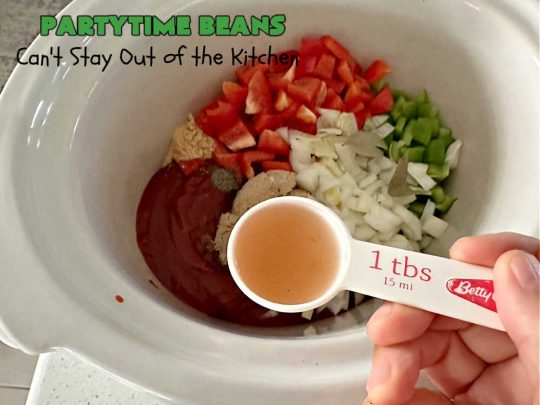 Partytime Beans | Can't Stay Out of the Kitchen | this easy #SlowCooker #recipe for #BakedBeans is so effortless since everything is tossed into the #crockpot! Start it earlier in the day & it's ready in time for #dinner with #hamburgers or #HotDogs on the #grill. It uses 5 types of #beans & is #vegan as well as #GlutenFree. #potluck #BackyardBarbecues #tailgating #PartytimeBeans