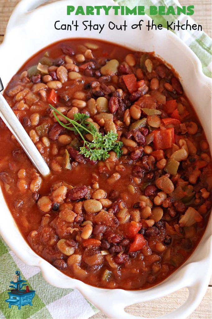 Partytime Beans | Can't Stay Out of the Kitchen | this easy #SlowCooker #recipe for #BakedBeans is so effortless since everything is tossed into the #crockpot! Start it earlier in the day & it's ready in time for #dinner with #hamburgers or #HotDogs on the #grill. It uses 5 types of #beans & is #vegan as well as #GlutenFree. #potluck #BackyardBarbecues #tailgating #PartytimeBeans