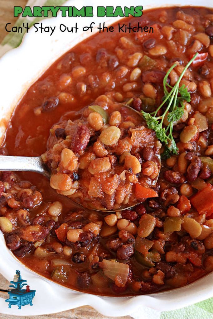 Partytime Beans | Can't Stay Out of the Kitchen | this easy #SlowCooker #recipe for #BakedBeans is so effortless since everything is tossed into the #crockpot! Start it earlier in the day & it's ready in time for #dinner with #hamburgers or #HotDogs on the #grill. It uses 5 types of #beans & is #vegan as well as #GlutenFree. #potluck #BackyardBarbecues #tailgating #PartytimeBeans