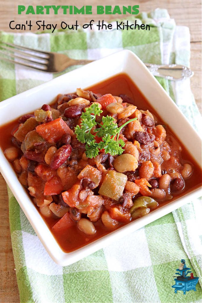 Partytime Beans | Can't Stay Out of the Kitchen | this easy #SlowCooker #recipe for #BakedBeans is so effortless since everything is tossed into the #crockpot! Start it earlier in the day & it's ready in time for #dinner with #hamburgers or #HotDogs on the #grill. It uses 5 types of #beans & is #vegan as well as #GlutenFree. #potluck #BackyardBarbecues #tailgating #PartytimeBeans