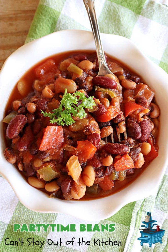 Partytime Beans | Can't Stay Out of the Kitchen | this easy #SlowCooker #recipe for #BakedBeans is so effortless since everything is tossed into the #crockpot! Start it earlier in the day & it's ready in time for #dinner with #hamburgers or #HotDogs on the #grill. It uses 5 types of #beans & is #vegan as well as #GlutenFree. #potluck #BackyardBarbecues #tailgating #PartytimeBeans