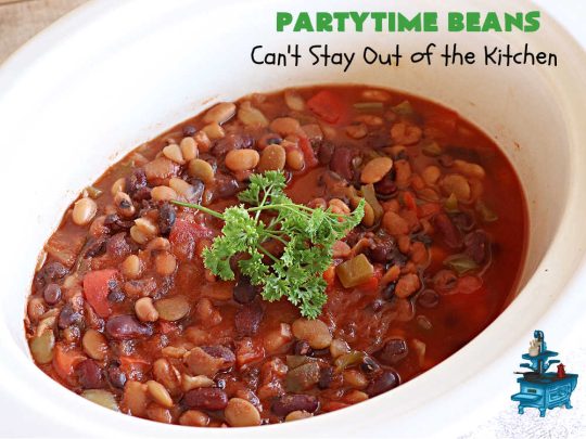 Partytime Beans | Can't Stay Out of the Kitchen | this easy #SlowCooker #recipe for #BakedBeans is so effortless since everything is tossed into the #crockpot! Start it earlier in the day & it's ready in time for #dinner with #hamburgers or #HotDogs on the #grill. It uses 5 types of #beans & is #vegan as well as #GlutenFree. #potluck #BackyardBarbecues #tailgating #PartytimeBeans