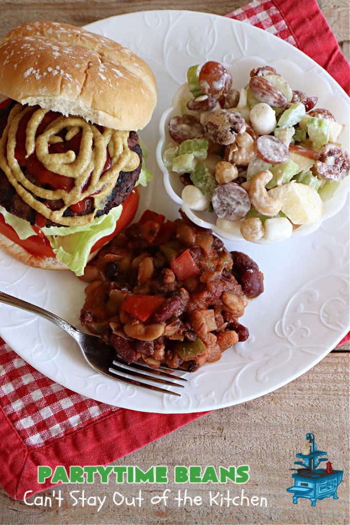 Partytime Beans | Can't Stay Out of the Kitchen | this easy #SlowCooker #recipe for #BakedBeans is so effortless since everything is tossed into the #crockpot! Start it earlier in the day & it's ready in time for #dinner with #hamburgers or #HotDogs on the #grill. It uses 5 types of #beans & is #vegan as well as #GlutenFree. #potluck #BackyardBarbecues #tailgating #PartytimeBeans