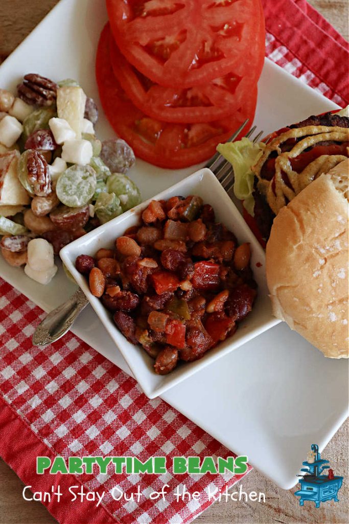 Partytime Beans | Can't Stay Out of the Kitchen | this easy #SlowCooker #recipe for #BakedBeans is so effortless since everything is tossed into the #crockpot! Start it earlier in the day & it's ready in time for #dinner with #hamburgers or #HotDogs on the #grill. It uses 5 types of #beans & is #vegan as well as #GlutenFree. #potluck #BackyardBarbecues #tailgating #PartytimeBeans