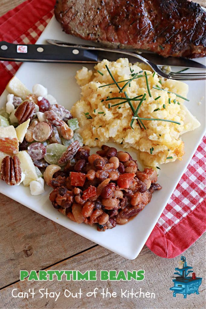 Partytime Beans | Can't Stay Out of the Kitchen | this easy #SlowCooker #recipe for #BakedBeans is so effortless since everything is tossed into the #crockpot! Start it earlier in the day & it's ready in time for #dinner with #hamburgers or #HotDogs on the #grill. It uses 5 types of #beans & is #vegan as well as #GlutenFree. #potluck #BackyardBarbecues #tailgating #PartytimeBeans