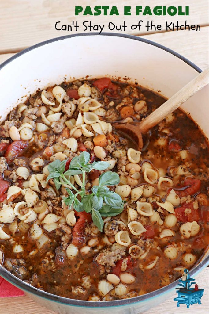 Pasta E Fagioli | Can't Stay Out of the Kitchen | this dynamite #recipe for #PastaEFagioli can't be beat. It's easy to whip up so it's perfect for weeknight dinners. If you enjoy a bowl of hot #soup on cool, fall nights, this one sure hits the spot. #pasta #pork #SeaShellPasta #ItalianSausage #GreatNorthernBeans #tomatoes #FallRecipes