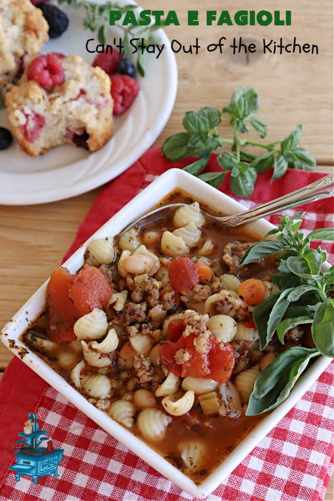Pasta E Fagioli | Can't Stay Out of the Kitchen | this dynamite #recipe for #PastaEFagioli can't be beat. It's easy to whip up so it's perfect for weeknight dinners. If you enjoy a bowl of hot #soup on cool, fall nights, this one sure hits the spot. #pasta #pork #SeaShellPasta #ItalianSausage #GreatNorthernBeans #tomatoes #FallRecipes