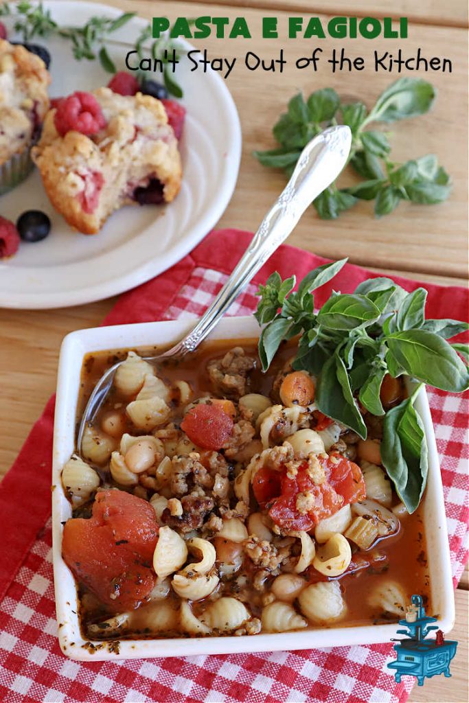 Pasta E Fagioli | Can't Stay Out of the Kitchen | this dynamite #recipe for #PastaEFagioli can't be beat. It's easy to whip up so it's perfect for weeknight dinners. If you enjoy a bowl of hot #soup on cool, fall nights, this one sure hits the spot. #pasta #pork #SeaShellPasta #ItalianSausage #GreatNorthernBeans #tomatoes #FallRecipes