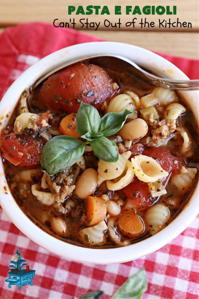 Pasta E Fagioli | Can't Stay Out of the Kitchen | this dynamite #recipe for #PastaEFagioli can't be beat. It's easy to whip up so it's perfect for weeknight dinners. If you enjoy a bowl of hot #soup on cool, fall nights, this one sure hits the spot. #pasta #pork #SeaShellPasta #ItalianSausage #GreatNorthernBeans #tomatoes #FallRecipes