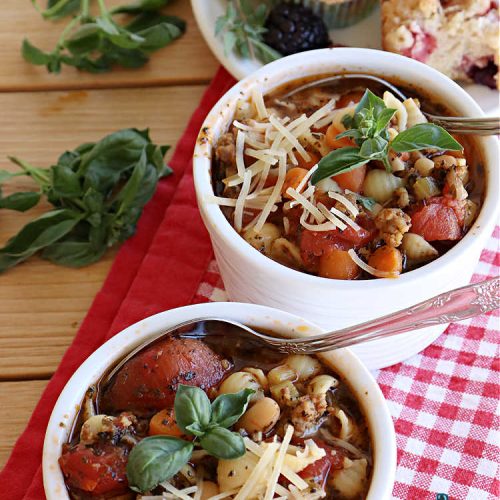 Pasta E Fagioli | Can't Stay Out of the Kitchen | this dynamite #recipe for #PastaEFagioli can't be beat. It's easy to whip up so it's perfect for weeknight dinners. If you enjoy a bowl of hot #soup on cool, fall nights, this one sure hits the spot. #pasta #pork #SeaShellPasta #ItalianSausage #GreatNorthernBeans #tomatoes #FallRecipes