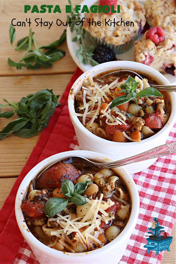 Pasta E Fagioli | Can't Stay Out of the Kitchen | this dynamite #recipe for #PastaEFagioli can't be beat. It's easy to whip up so it's perfect for weeknight dinners. If you enjoy a bowl of hot #soup on cool, fall nights, this one sure hits the spot. #pasta #pork #SeaShellPasta #ItalianSausage #GreatNorthernBeans #tomatoes #FallRecipes