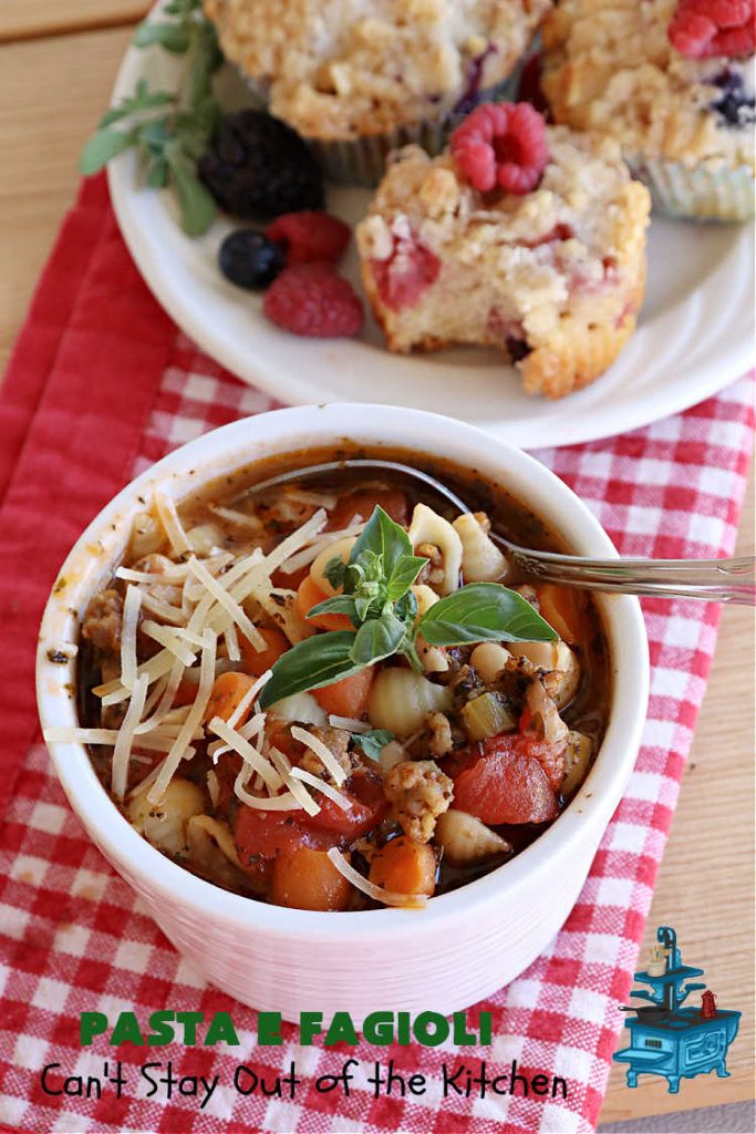 Pasta E Fagioli | Can't Stay Out of the Kitchen | this dynamite #recipe for #PastaEFagioli can't be beat. It's easy to whip up so it's perfect for weeknight dinners. If you enjoy a bowl of hot #soup on cool, fall nights, this one sure hits the spot. #pasta #pork #SeaShellPasta #ItalianSausage #GreatNorthernBeans #tomatoes #FallRecipes