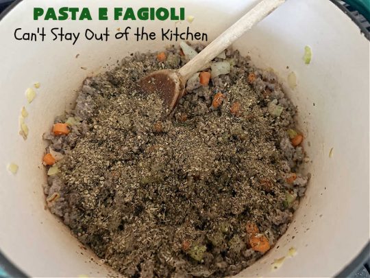 Pasta E Fagioli | Can't Stay Out of the Kitchen | this dynamite #recipe for #PastaEFagioli can't be beat. It's easy to whip up so it's perfect for weeknight dinners. If you enjoy a bowl of hot #soup on cool, fall nights, this one sure hits the spot. #pasta #pork #SeaShellPasta #ItalianSausage #GreatNorthernBeans #tomatoes #FallRecipes