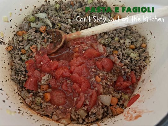 Pasta E Fagioli | Can't Stay Out of the Kitchen | this dynamite #recipe for #PastaEFagioli can't be beat. It's easy to whip up so it's perfect for weeknight dinners. If you enjoy a bowl of hot #soup on cool, fall nights, this one sure hits the spot. #pasta #pork #SeaShellPasta #ItalianSausage #GreatNorthernBeans #tomatoes #FallRecipes