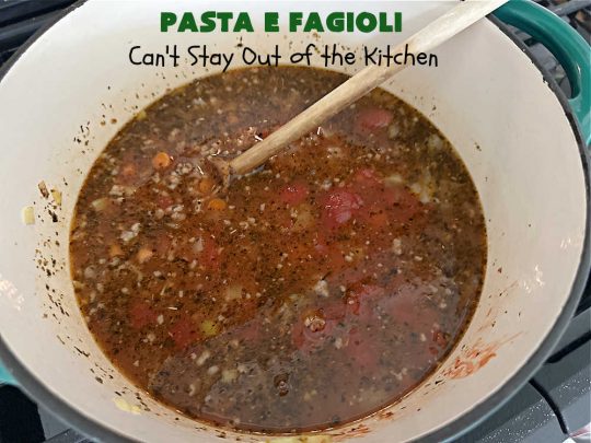 Pasta E Fagioli | Can't Stay Out of the Kitchen | this dynamite #recipe for #PastaEFagioli can't be beat. It's easy to whip up so it's perfect for weeknight dinners. If you enjoy a bowl of hot #soup on cool, fall nights, this one sure hits the spot. #pasta #pork #SeaShellPasta #ItalianSausage #GreatNorthernBeans #tomatoes #FallRecipes