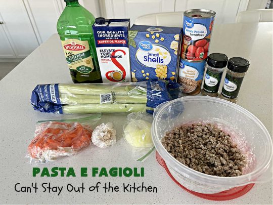 Pasta E Fagioli | Can't Stay Out of the Kitchen | this dynamite #recipe for #PastaEFagioli can't be beat. It's easy to whip up so it's perfect for weeknight dinners. If you enjoy a bowl of hot #soup on cool, fall nights, this one sure hits the spot. #pasta #pork #SeaShellPasta #ItalianSausage #GreatNorthernBeans #tomatoes #FallRecipes