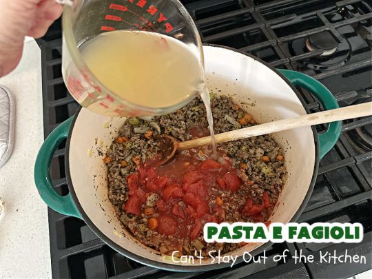 Pasta E Fagioli | Can't Stay Out of the Kitchen | this dynamite #recipe for #PastaEFagioli can't be beat. It's easy to whip up so it's perfect for weeknight dinners. If you enjoy a bowl of hot #soup on cool, fall nights, this one sure hits the spot. #pasta #pork #SeaShellPasta #ItalianSausage #GreatNorthernBeans #tomatoes #FallRecipes