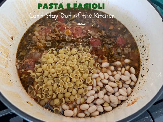 Pasta E Fagioli | Can't Stay Out of the Kitchen | this dynamite #recipe for #PastaEFagioli can't be beat. It's easy to whip up so it's perfect for weeknight dinners. If you enjoy a bowl of hot #soup on cool, fall nights, this one sure hits the spot. #pasta #pork #SeaShellPasta #ItalianSausage #GreatNorthernBeans #tomatoes #FallRecipes