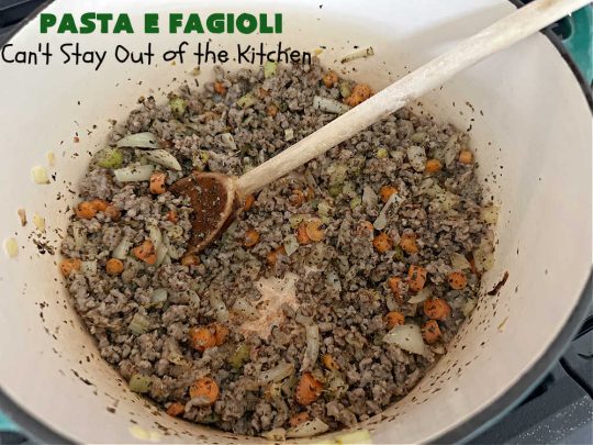 Pasta E Fagioli | Can't Stay Out of the Kitchen | this dynamite #recipe for #PastaEFagioli can't be beat. It's easy to whip up so it's perfect for weeknight dinners. If you enjoy a bowl of hot #soup on cool, fall nights, this one sure hits the spot. #pasta #pork #SeaShellPasta #ItalianSausage #GreatNorthernBeans #tomatoes #FallRecipes