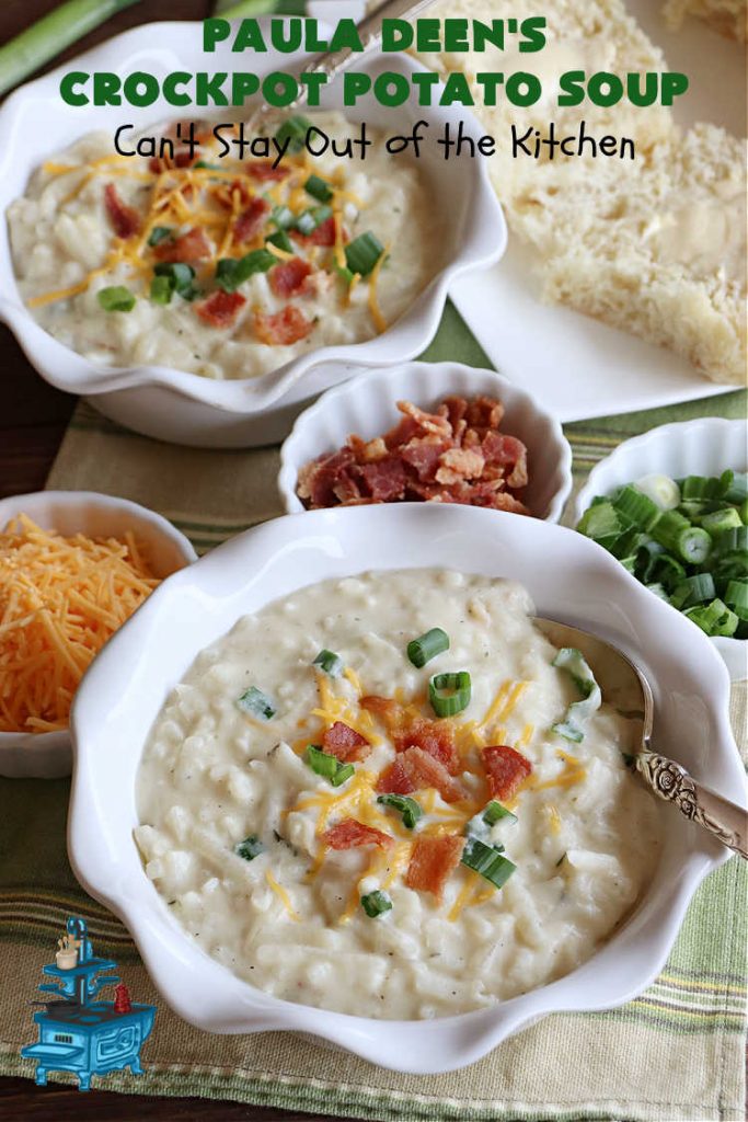 Paula Deen's Crockpot Potato Soup | Can't Stay Out of the Kitchen | this amazing #PotatoSoup #recipe uses frozen #HashBrowns, #CreamCheese & #CreamOfChickenSoup. It's topped off with #bacon, #CheddarCheese & #GreenOnions for amped-up flavor. Since it's made in the #SlowCooker, it's easy peasy too! Great for #tailgating. #soup #PaulaDeen #PaulaDeensCrockpotPotatoSoup