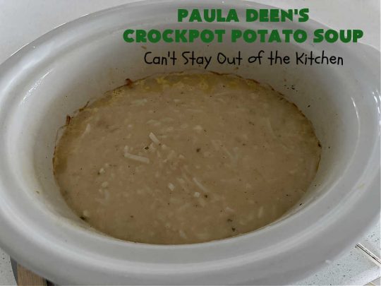 Paula Deen's Crockpot Potato Soup | Can't Stay Out of the Kitchen | this amazing #PotatoSoup #recipe uses frozen #HashBrowns, #CreamCheese & #CreamOfChickenSoup. It's topped off with #bacon, #CheddarCheese & #GreenOnions for amped-up flavor. Since it's made in the #SlowCooker, it's easy peasy too! Great for #tailgating. #soup #PaulaDeen #PaulaDeensCrockpotPotatoSoup